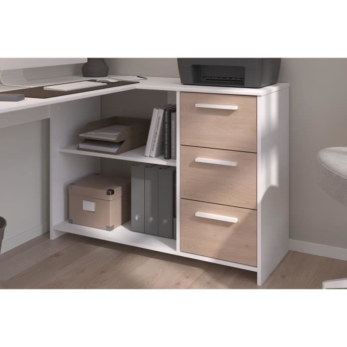 Escritorio esquinero PARISOT con 3 cajones - Acabado blanco/roble - 121,2 x 74,5 x 111 cm - ESSENTIAL