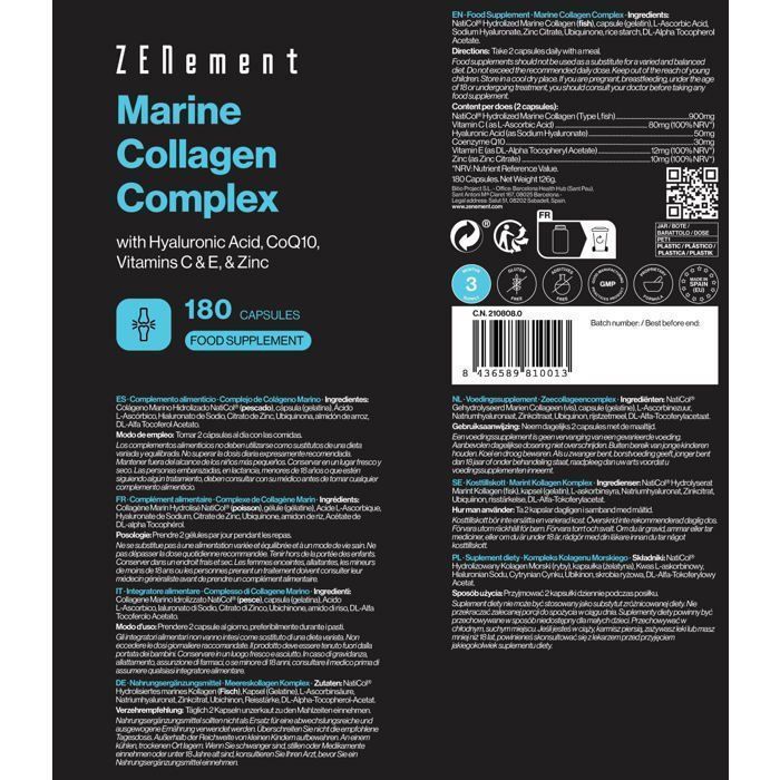 Complesso di collagene marino con acido ialuronico, CoQ10, vitamine C ed E e zinco - 180 capsule