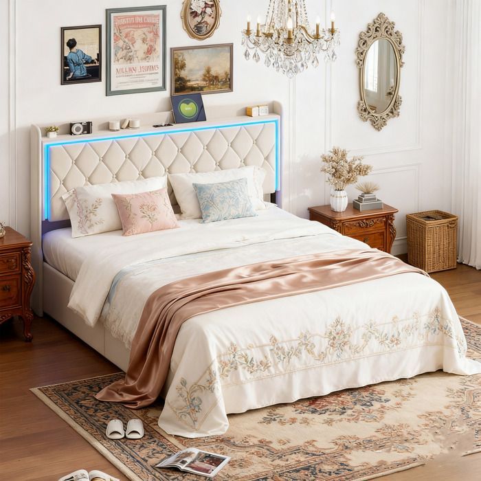 Lit 140x190 cm avec LED et USB - CWXL - lit coffre 140x190 avec sommier à lattes - cadre de lit adulte - tissu en velours - beige