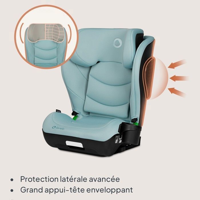 Silla de coche LIONELO Neal i-Size 100-150cm - ISOFIX - Portavasos - Asiento ancho - Reclinable - Grupo 2/3 - Turquesa