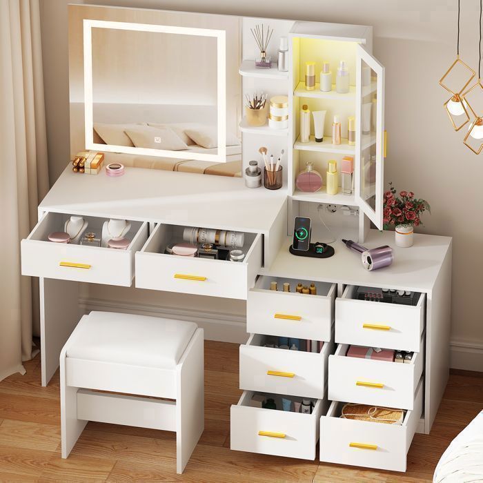 Coiffeuse avec Miroir et Tabouret, 2 Prises et Port USB, LED Réglable, 8 Tiroirs de Rangement, 1 Porte, Blanc