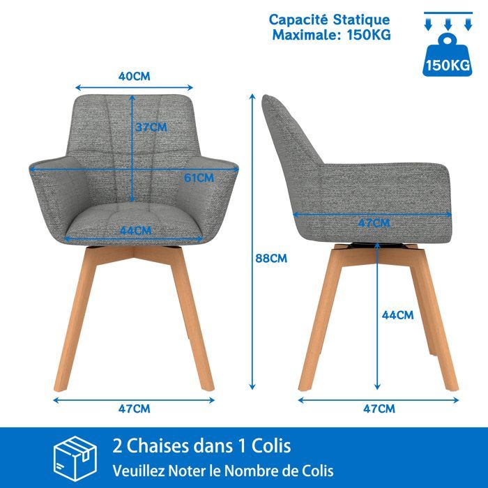 WAFTING Lot de 4 Chaises de Salle à Manger Pivotantes avec Accoudoirs, Fauteuil Rembourrée avec Dossier en coton, Gris Foncé