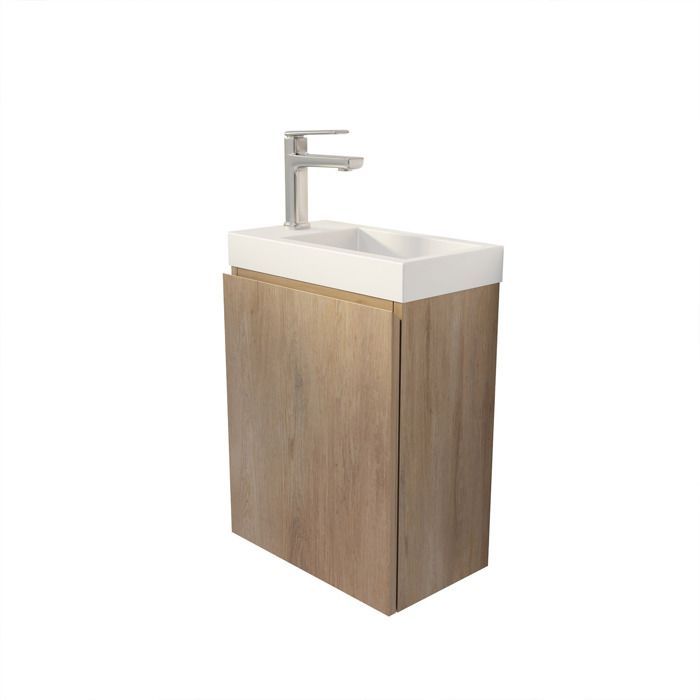 Mueble de baño básico con acabado en madera, 40x50x22 cm, con lavabo SMC blanco.