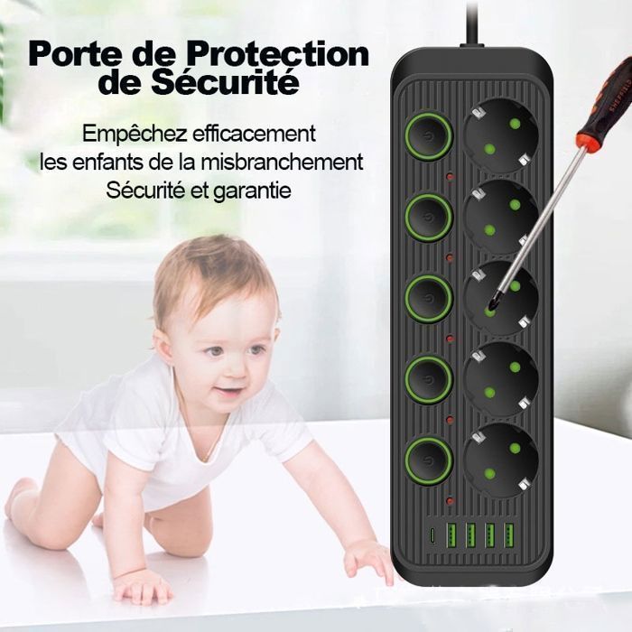 Multiprise Électrique 2500W, BYONDSELF®, Prise Électrique avec 5 Interrupteur Individuel, 5 Prises, 4 USB, 1 Type-C, Câble de 2m