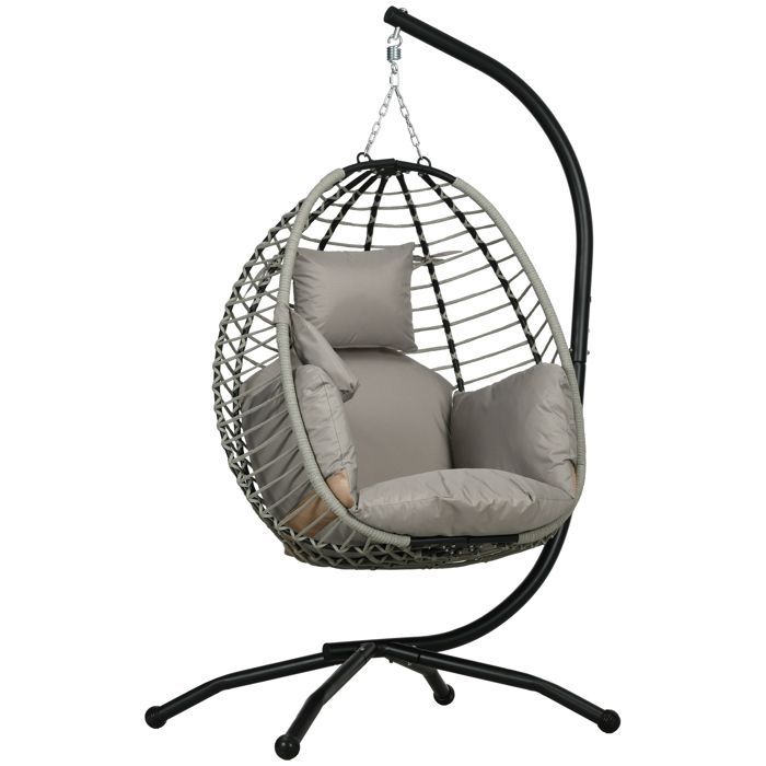 Silla colgante tipo huevo - Outsunny - columpio plegable con cojín y soporte - cuerda metálica - 110x100x188cm - gris