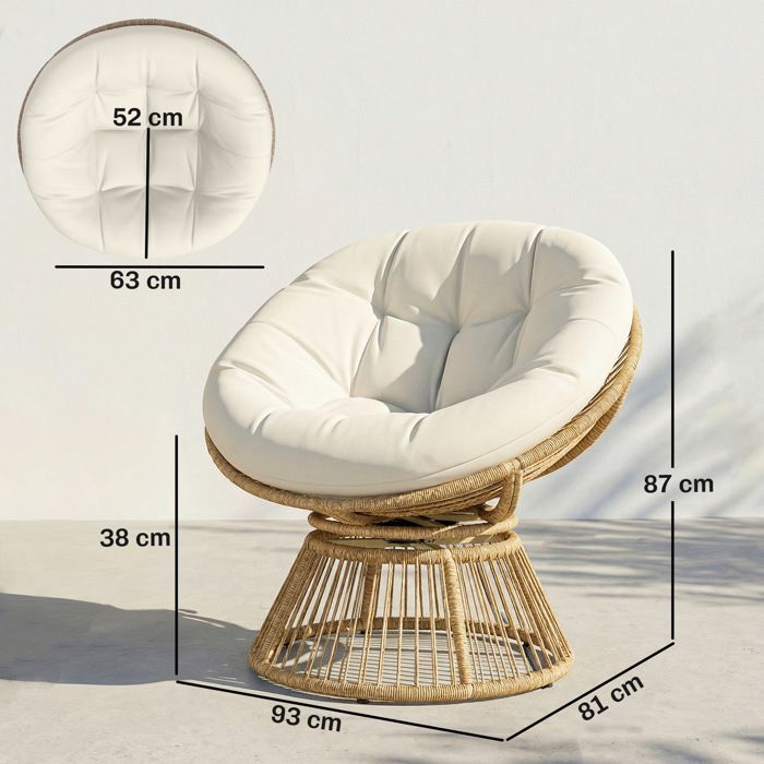Silla Papasan giratoria 360° - Silla de jardín - Outsunny - Cojín suave de 12 cm - Poliratán y acero - Natural
