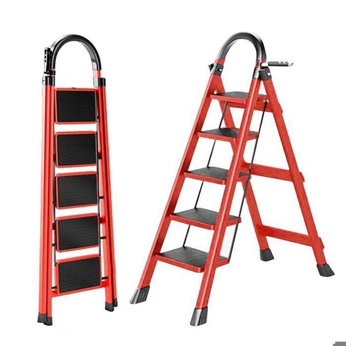 Escalera plegable de 5 peldaños Seven Comfort - Estabilidad y seguridad óptimas - 74 × 47 × 139 cm (largo × ancho × alto) - Capacidad de carga de 150 kg - Acero - Rojo