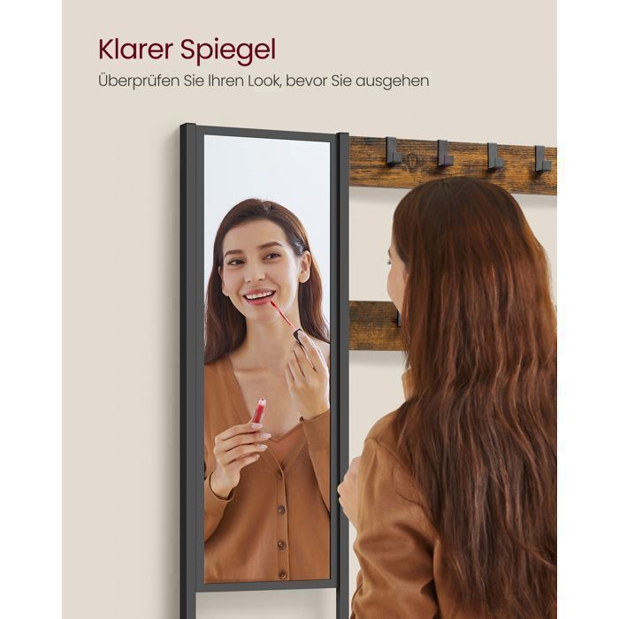 VASAGLE Hallway Furniture, Coat Rack, with Hooks, Mirror, Shoe Bench and Shelves, 36 x 98 x 185 cm, Brown and Black