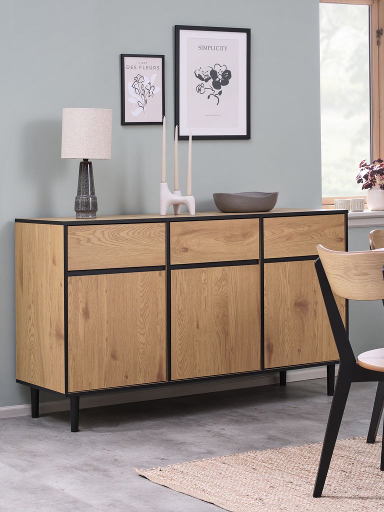 ODENSE Komoda s ladicama, 3 vrata, 3 ladice, hrast/crna