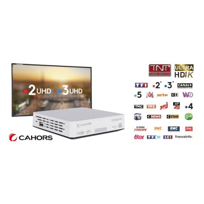Receptor/decodificador de televisión digital terrestre Cahors TVT 285 UHD 4K - Preparado para PVR, Canales de señal abierta, Función de pausa y reproducción, Reproductor multimedia