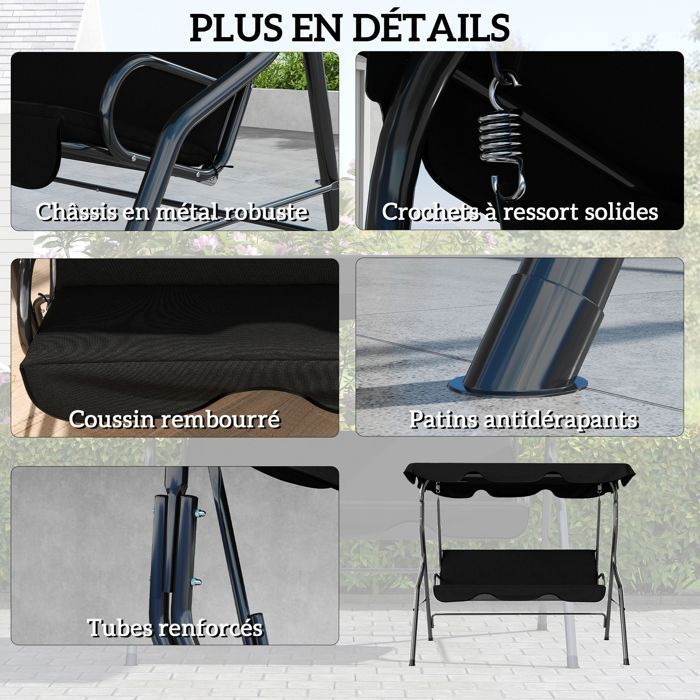 Columpio de jardín Outsunny - 3 plazas - toldo inclinable ajustable - cojines para asiento y respaldo - acero y poliéster - negro