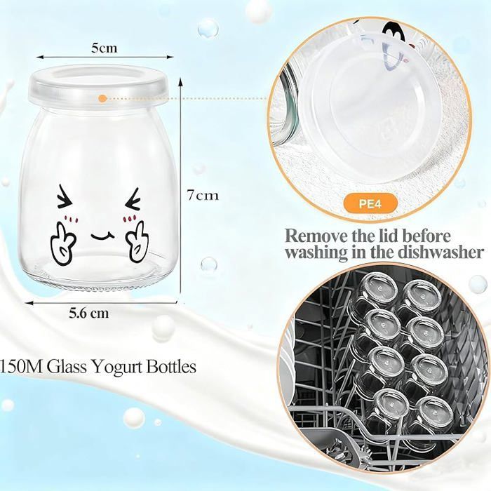 yogures con tapa de 150 ml/106 g. Pequeños yogures de vidrio con tapa para 6 yogures redondos.