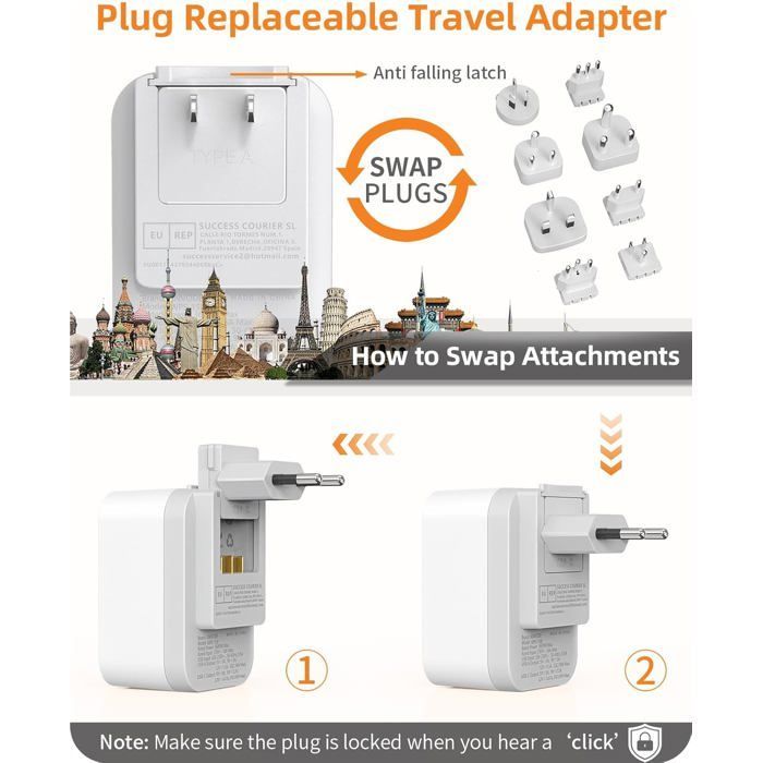 Kit mundial de adaptadores de viaje, adaptador de enchufe internacional con USB-C (PD 20W), 8 enchufes de viaje extraíbles