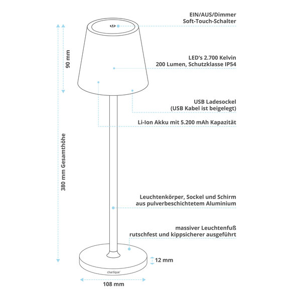 Επαναφορτιζόμενη επιτραπέζια λάμπα LED Dinner Light κλασική, μαύρη