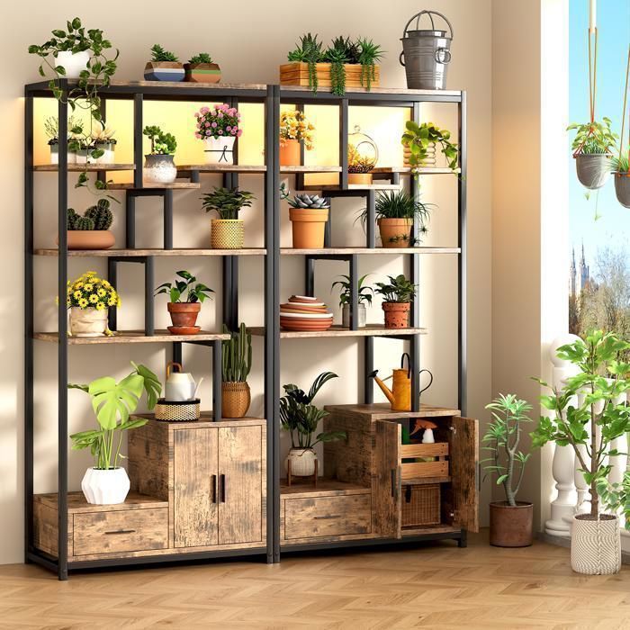 6-Tier Bookshelf - NHHF - LED Lighting - Storage Unit with Drawer and 2 Doors - Metal Frame - Brown and Black