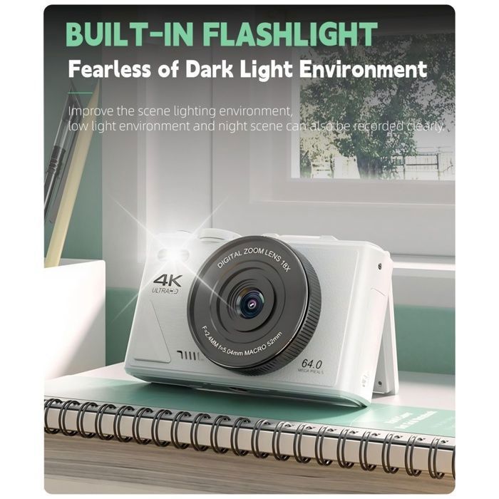 Câmera digital, 4K, zoom de 18x, sensor de 64 megapixels, tela articulada, função temporizador, disparo contínuo, branca