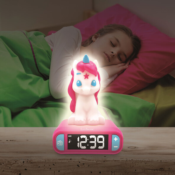Despertador digital infantil unicórnio com luz noturna 3D.