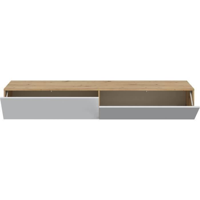 Meuble TV suspendu - L 180X P 28X H 35 cm KAWAY - Décor blanc et chêne - 2 Portes abattantes