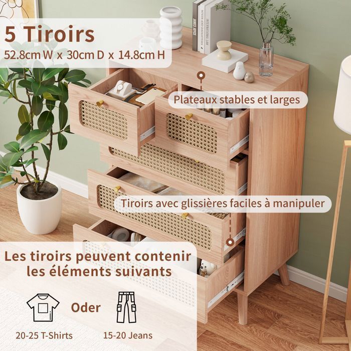 Cómoda de 5 cajones - LUMINARIX - Madera natural - Ratán - 60 x 34 x 91 cm - Elegancia chic - MDF