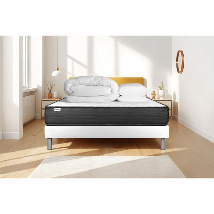 Pack lit complet - Matelas 180x200 cm + Sommier tapissier à lattes (en kit) + 2 oreillers + Couette - Vitalpower Blanc
