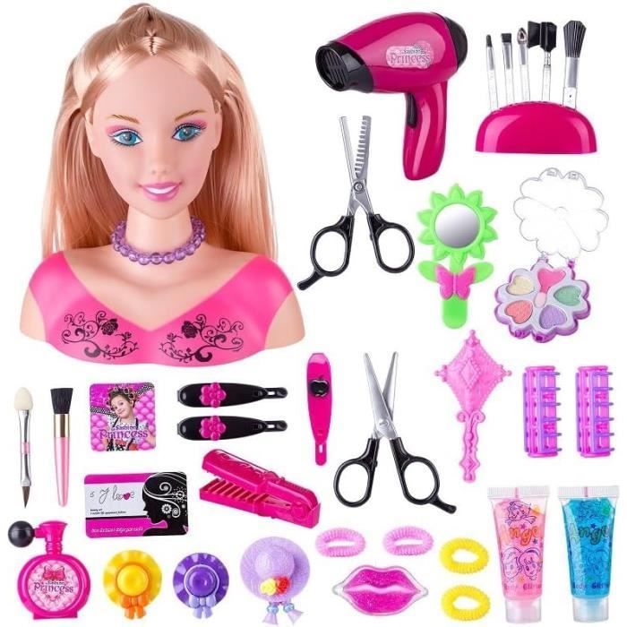 Tete à Coiffer et Maquiller Enfant Pretend Playset 44 Pièces, 22cm Haut Styling Tête Poupée Coiffure Jouet avec Sèche-Cheveux