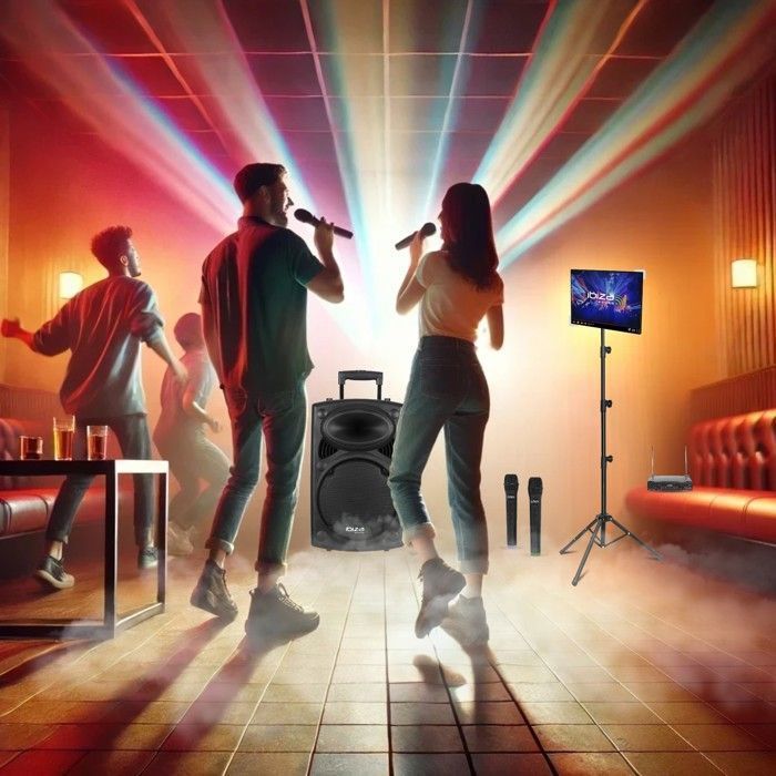 Ibiza PORT15VHF-BT 800W Portable Bluetooth USB Karaoke Speaker Pack with 4 Wireless Microphones - SMM20 Tablet Holder - Party Sound System