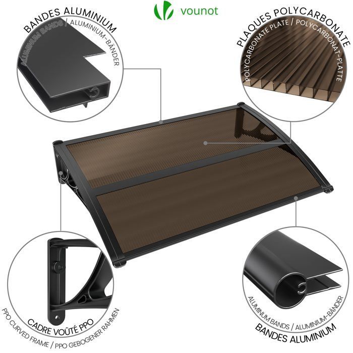 VOUNOT® Marquise auvent de porte d'entrée 120x80cm avec support central - Polycarbonate - Anti-UV - Marron