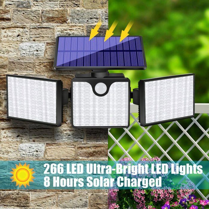 Lámpara solar exterior de 266 LED con sensor de movimiento y clasificación solar IP65.