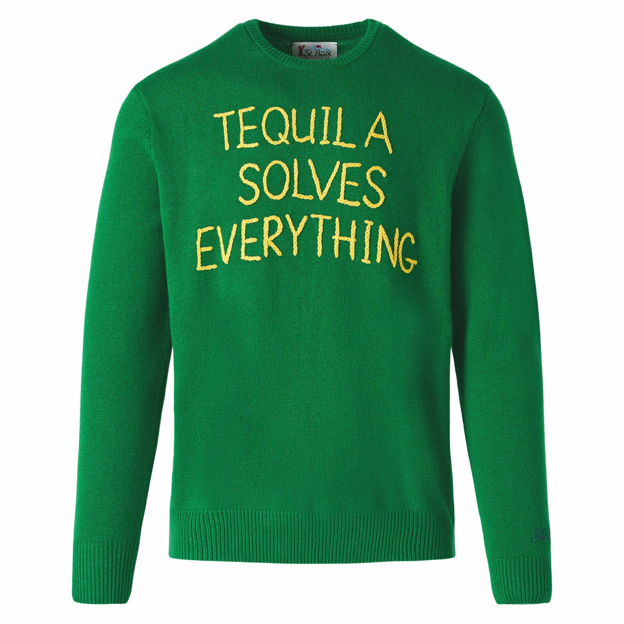 Maglione da uomo verde con ricamo Tequila solves everything