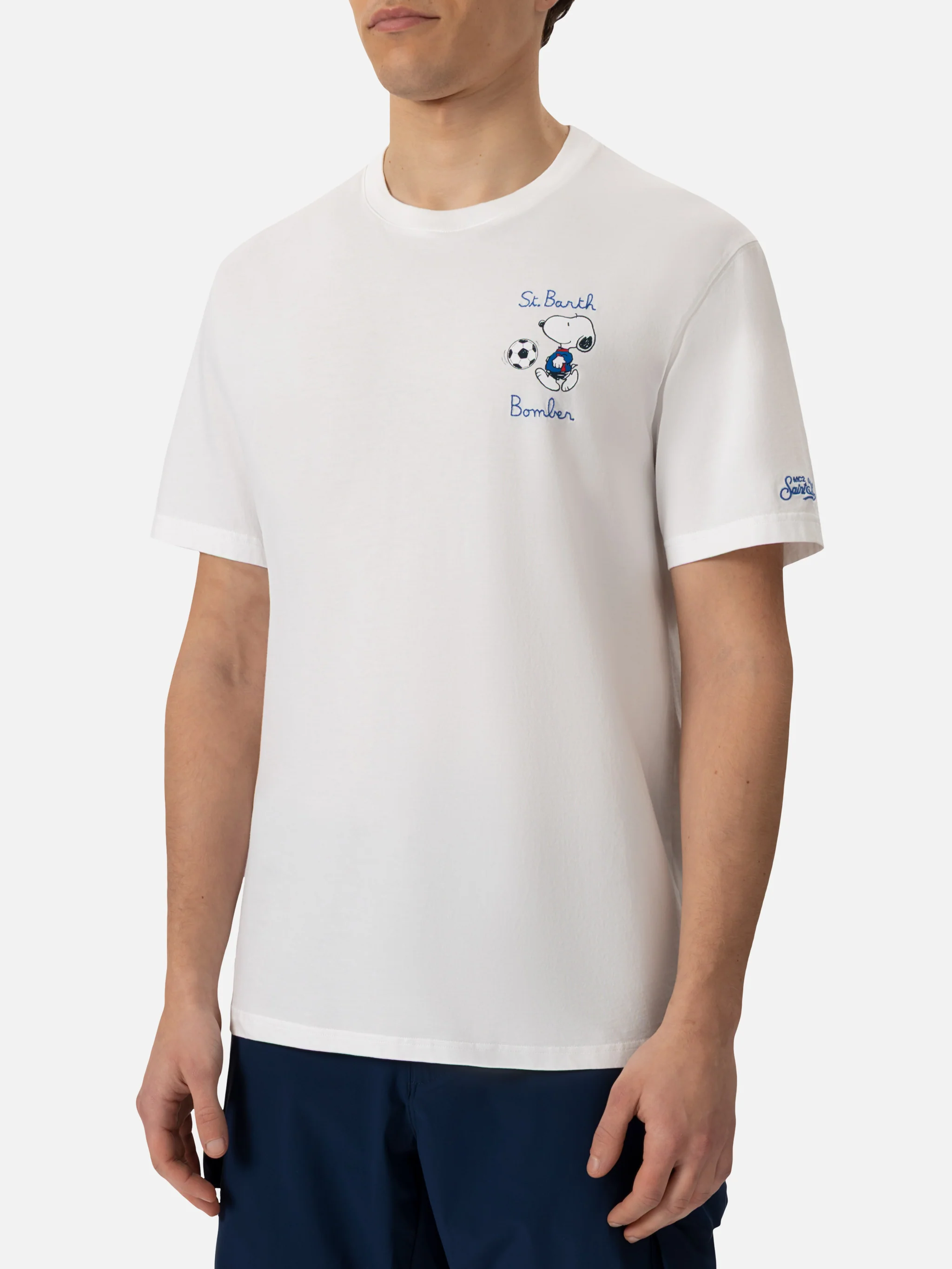 T-shirt Man in cotone organico con ricamo St. Barth Snoopy Bomber | SN