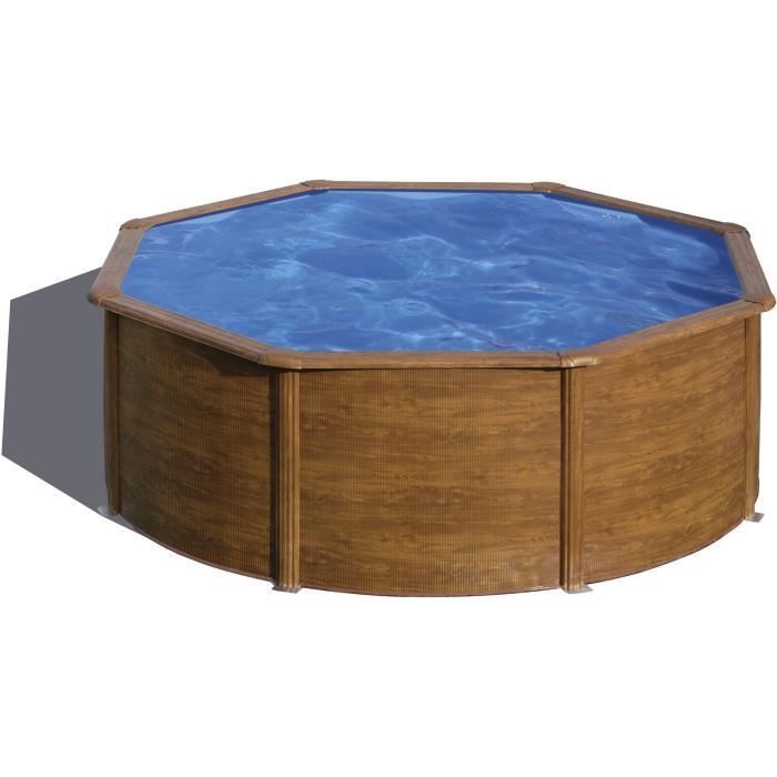 GRE - Runder oberirdischer Stahlpool-Bausatz mit Holzoptik - Ø370 x H122 cm (Lieferung inklusive Kartuschenfilter + Leiter)