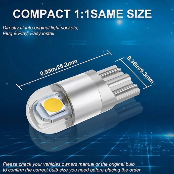 12 bombillas LED para coche 194 con chipset 3030, 2 SMD, T10, 194, 168, W5W, tipo cuña, 1,5W, 12V, para luz de cortesía de matrícula.