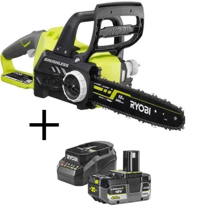 RYOBI - 18V ONE+ Kettensäge, bürstenlos, 30 cm Schwert, 10 m/s + 1 x 4 Ah Akku & Ladegerät - OCS1830 + RC18120B-140X