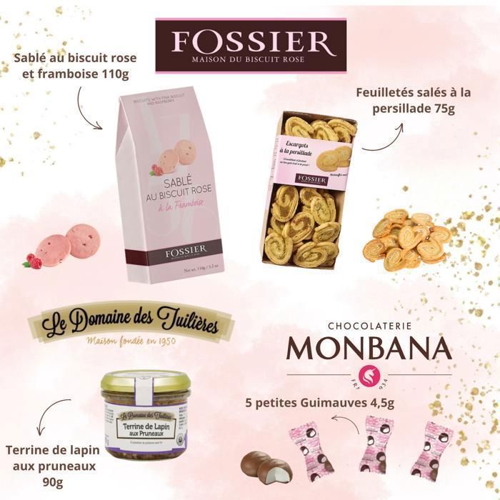 Fossier & Monbana Gourmet Cadeaupakket | Roze koekjes en marshmallows, terrine en hartige bladerdeeggebakjes | Ideaal om cadeau te geven