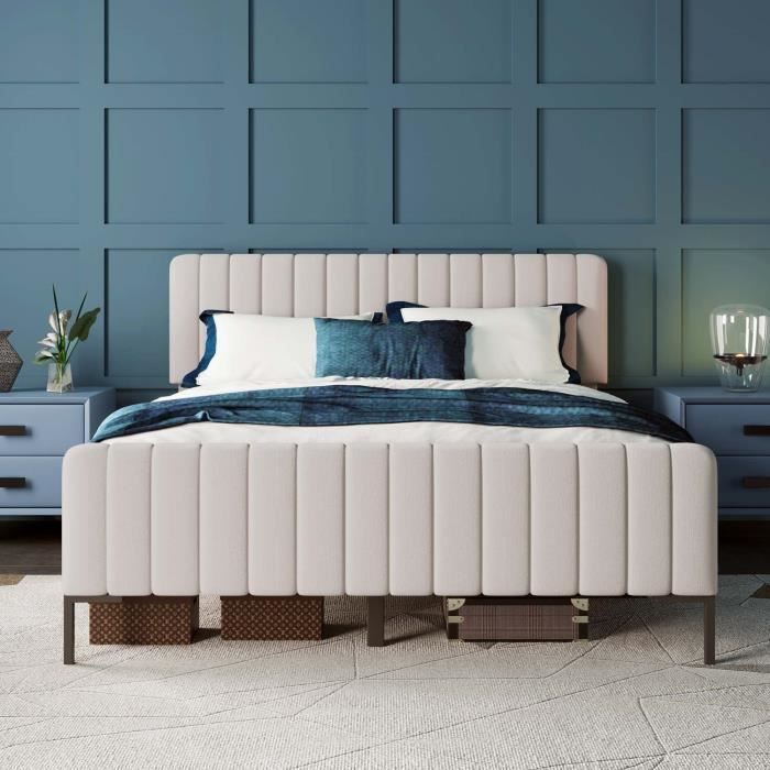 Cama de adulto de 160x200 cm, somier de láminas, cabecero regulable, tapizada en lino, color beige.
