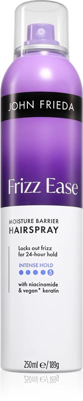 „John Frieda Frizz Ease Moisture Barrier“ plaukų lakas yra stiprus plaukų lakas, atsparus oro drėgmei.