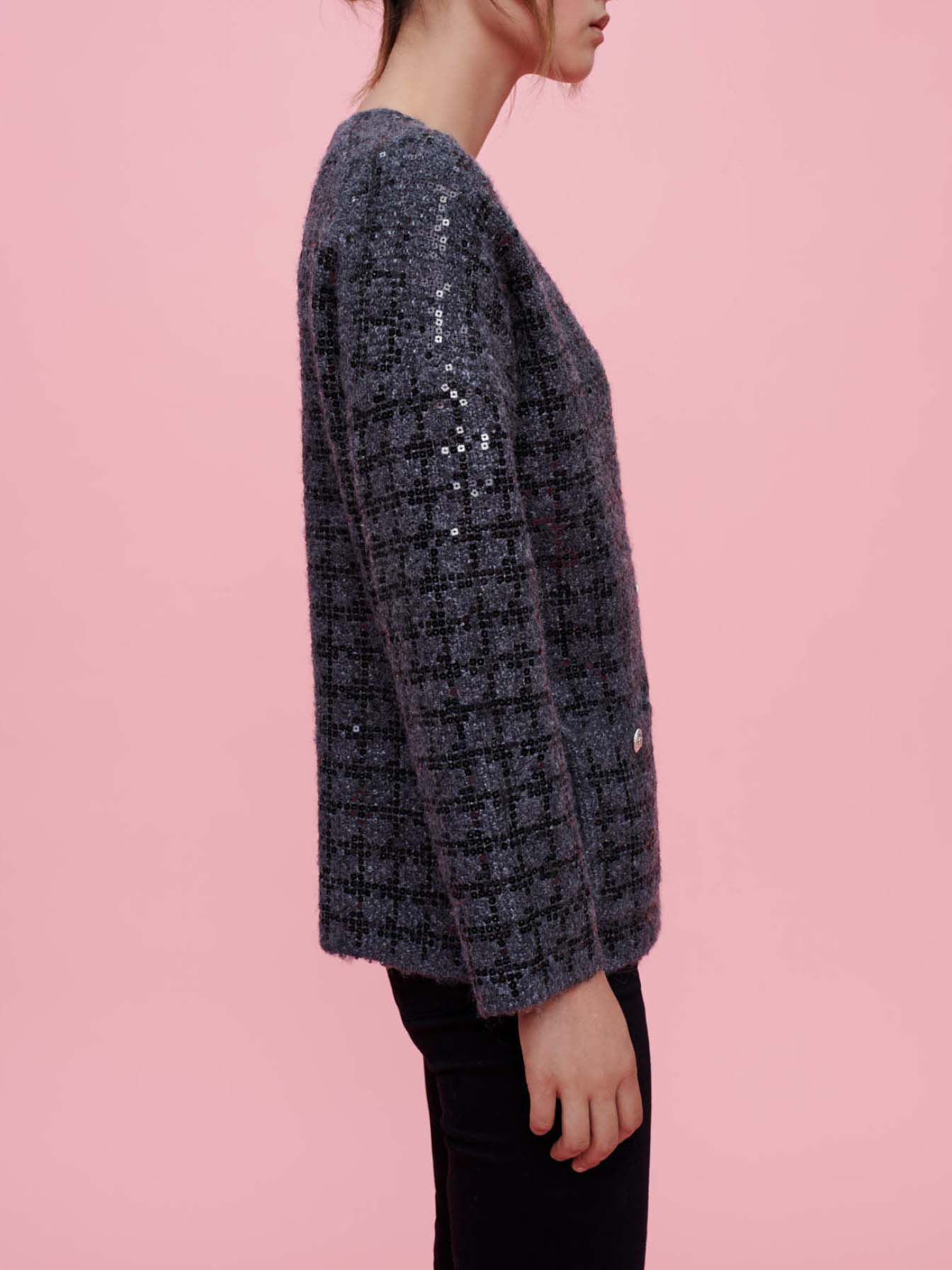 Gebreid vest met pailletten en tweed-effect - Grijs