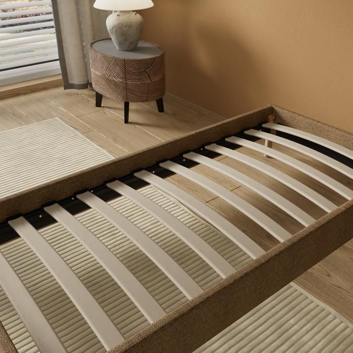 Cama com estrado de ripas 90 x 190 cm - Estofada em tecido marrom - Estável e resistente - Pés centrais reforçados