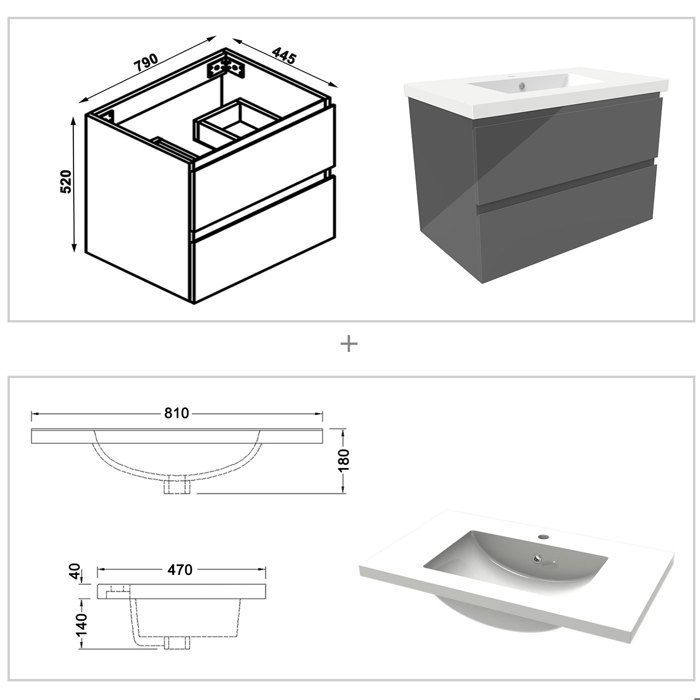 Mueble de baño AICA de 80 cm en color antracita brillante con 2 cajones de cierre suave y lavabo individual.