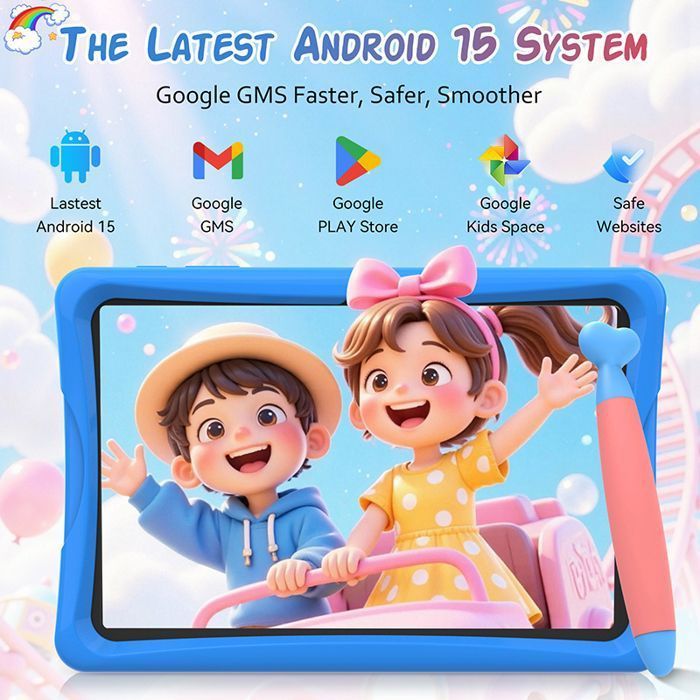 TABWEE K10 – 10-Zoll-Kindertablet, Android 15, 12 GB (4+8), 64 GB ROM, Kindersicherung, 1280×800-Bildschirm, blauer Stift