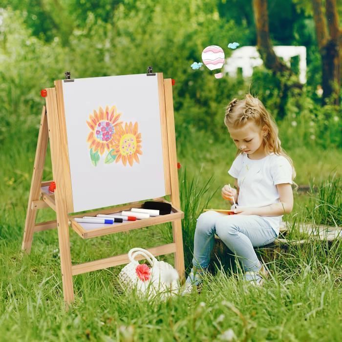 Caballete plegable infantil GOPLUS, pizarra de doble cara en blanco y negro, 5 niveles de altura ajustables, accesorios completos, madera de pino, gris.