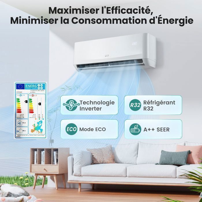Costway 12000 BTU 3,4 kW Mono-Split fast klimaanlæg R32 - 16-31°C - Varmepumpe - 22㎡ - Komplet 4M tilslutningssæt - 24 timer - A++