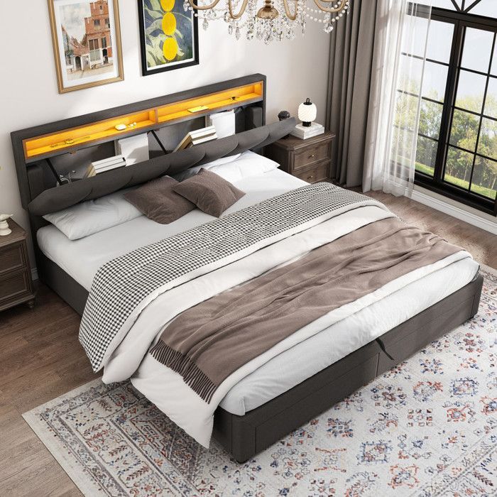 Letto contenitore 160 x 200 cm, letto matrimoniale con contenitore, contenitore nella testiera imbottita, letto 160x100 cm con rete a doghe, letto per adulti, lino grigio