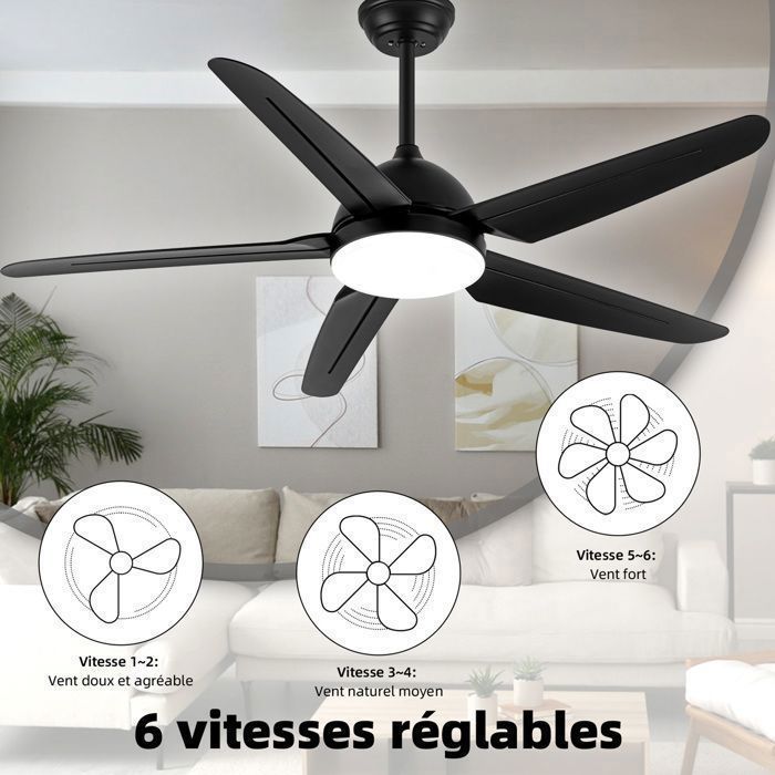 Ventilateur Plafond avec Lumiere Réversible, 52 Pouces avec Moteur à Courant Continu et Télécommande, Noir, 5 Pales, Salon Chambre