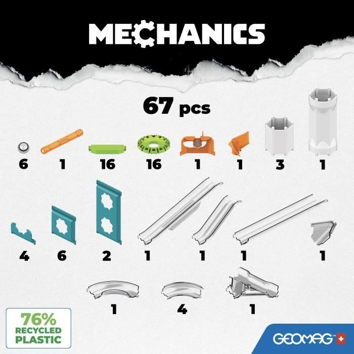 Marble Run - GEOMAG - Mechanics Gravity Race Track - 67 pieces - Magnetic - Gravity - Recycled Plastic