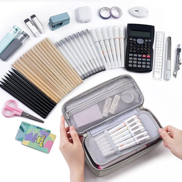 Estuche plegable de gran capacidad, estuche escolar, estuche de lona con cremallera, estuche portátil para la oficina, gris.