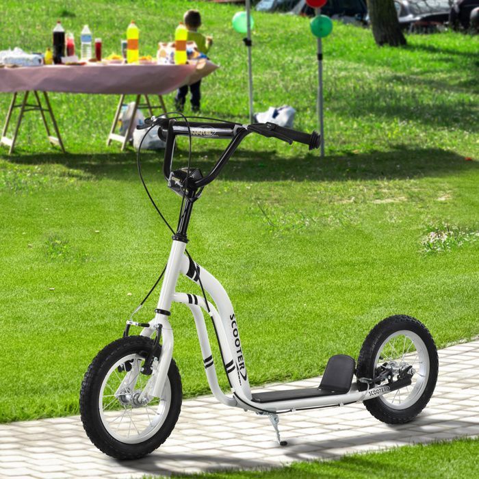 Patinete infantil - HOMCOM - Neumáticos de goma de 12 pulgadas, capacidad de carga de 100 kg, todoterreno, frenos dobles ajustables - blanco