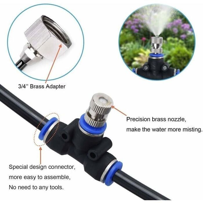 Sistema de nebulización exterior - MHY® - 10 m - 9 boquillas + 1 de repuesto - Adaptador de latón de 3/4