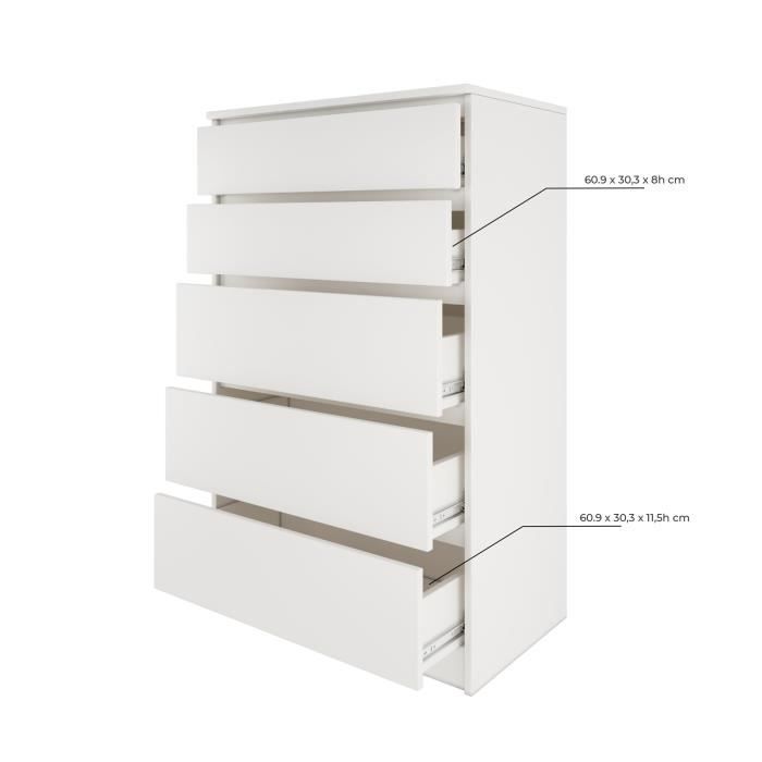 MILAN 5 - Commode contemporaine chambre/salon/bureau 40x70x112 - 5 tiroirs coulissants - Meuble de rangementent - Chiffonier