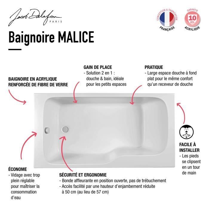 Bañera/ducha rectangular Malice de 160 x 85 cm, color blanco, Jacob Delafon E6D146R-00